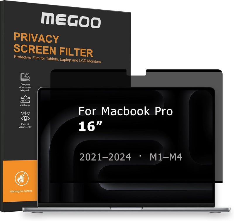 شاشة الخصوصية MEGOO لـ MacBook Pro 16 بوصة (2021-2024, M1-M4,Pro,Max)، ماتي مضاد للوهج، فلتر الضوء الأزرق، ±30° مضاد للتجسس، مغناطيسي، قابل للإزالة بالغراء النانو وحالة التخزين - حماية عملية متميزة - Image 1