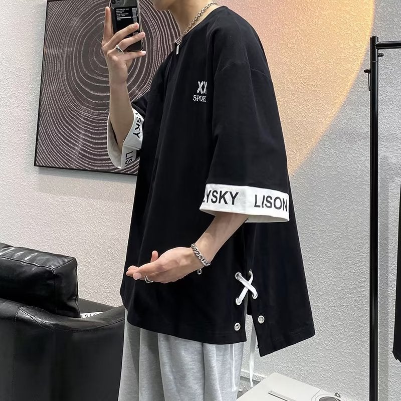 Summer ins Super Hot Short-sleeved T-shirt Men's Summer Clothing Korean Style Online Celebrity Hong Kong-style Harajuku Loose Stitching All-match Half-sleeved Top - Image 1