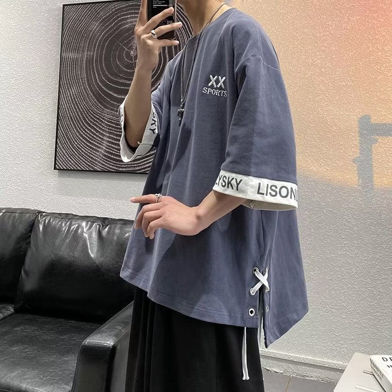 Summer ins Super Hot Short-sleeved T-shirt Men's Summer Clothing Korean Style Online Celebrity Hong Kong-style Harajuku Loose Stitching All-match Half-sleeved Top - Image 3