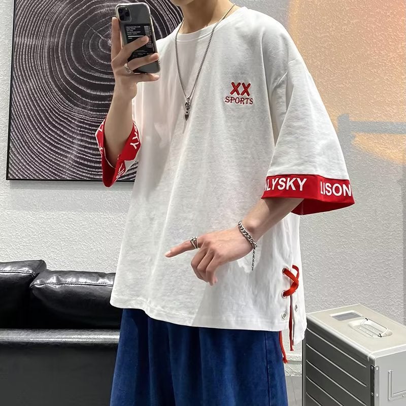 Summer ins Super Hot Short-sleeved T-shirt Men's Summer Clothing Korean Style Online Celebrity Hong Kong-style Harajuku Loose Stitching All-match Half-sleeved Top - Image 2