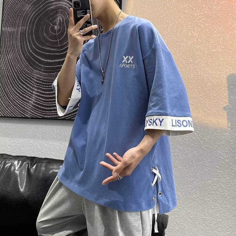 Summer ins Super Hot Short-sleeved T-shirt Men's Summer Clothing Korean Style Online Celebrity Hong Kong-style Harajuku Loose Stitching All-match Half-sleeved Top - Image 4