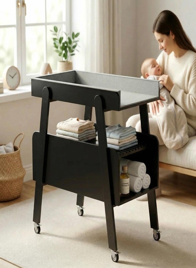 APRTAT Diaper Changing Station Baby Flat Top Changing Table with Wheels and Changing Pad Nursery Organizer & Storage Rack Mobile Nursery Diaper Changing Table for Baby, Newborn (White) - Image 1