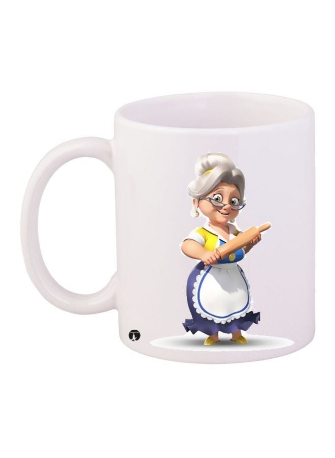 RYN Old Lady Printed Coffee Mug White/Blue/Beige 11ounce