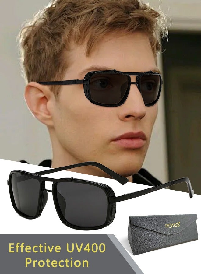 roaiss Men's Rectangular Polarized Sunglasses, UV400 Protection Sun Glasses with Metal Frame, Fashion Anti-Glare Sun Shades for Men Driving, Fishing, Traveling, Black, 59mm - Image 1