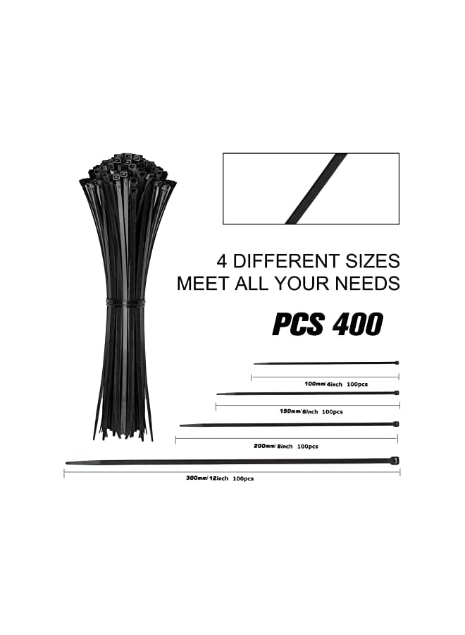 PROMASS promass Cable Zip Ties,400 Pack Black Zip Ties Assorted Sizes 12+8+6+4 Inch,Multi-Purpose Self-Locking Nylon Cable Ties Cord Management Ties,Plastic Wire Ties for Home,Office,Garden,Workshop.  - Image 2
