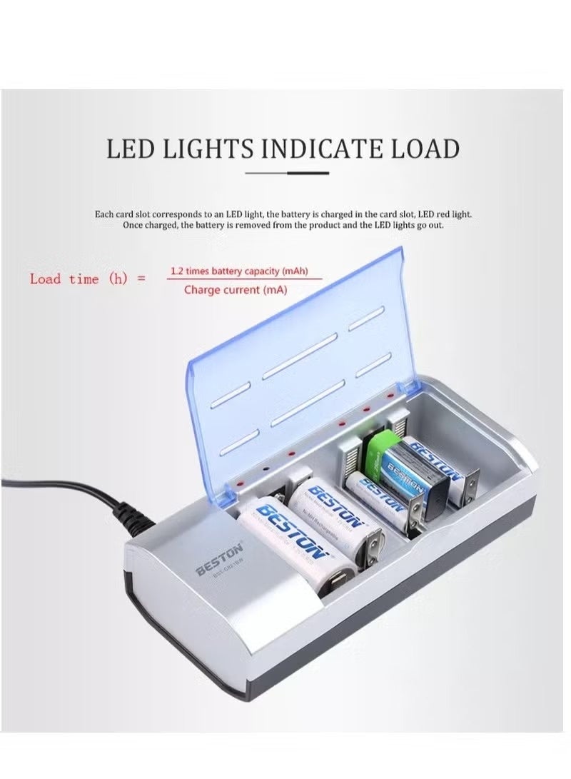 بيستون شاحن بطاريات ذكي عالمي لبطاريات AA وAAA وC وD وبطاريات Ni-MH/Ni-Cd القابلة لإعادة الشحن بجهد 9 فولت، مزود بقابس أوروبي، شاحن متعدد المنافذ مع مؤشرات LED - Image 5