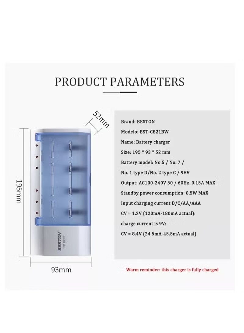 بيستون شاحن بطاريات ذكي عالمي لبطاريات AA وAAA وC وD وبطاريات Ni-MH/Ni-Cd القابلة لإعادة الشحن بجهد 9 فولت، مزود بقابس أوروبي، شاحن متعدد المنافذ مع مؤشرات LED - Image 4
