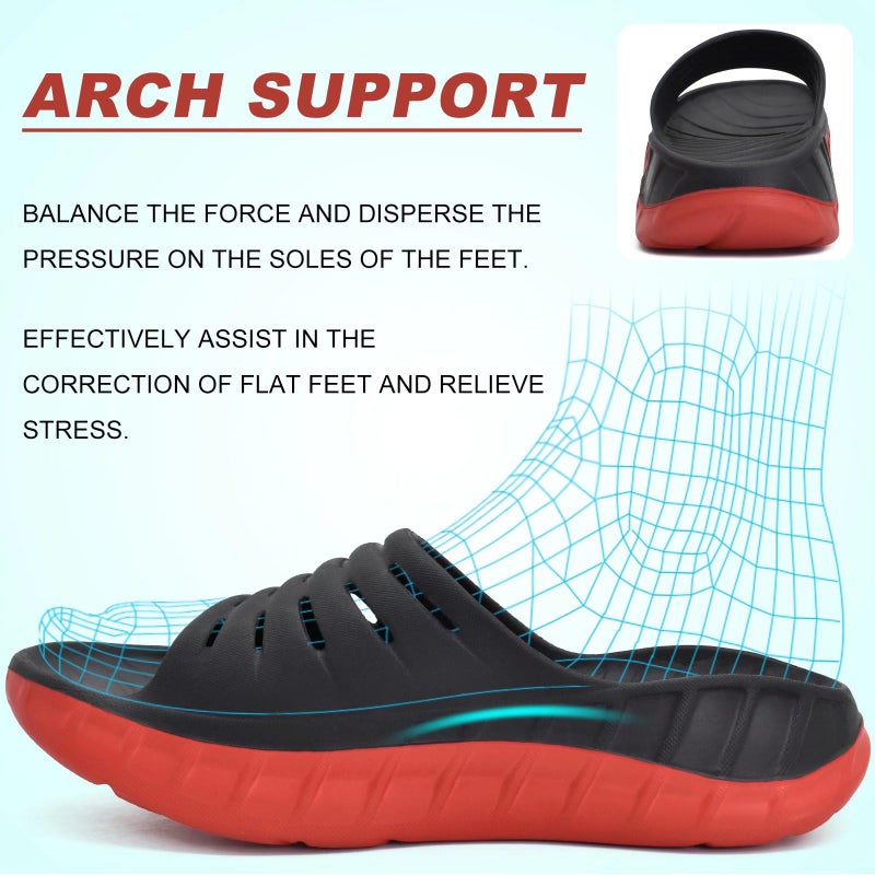 KuaiLu Mens Recovery Walking Sandals Sport Comfort Cushion Athletic Slides Orthotic Plantar Fasciitis Open Toe Slip On Wide Width Thick Foam Sandles Summer Pool Beach Slippers Black Red Size 10 - Image 4