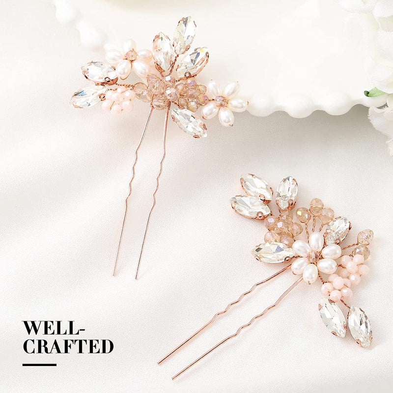Unicra Bride Wedding Hair Pins Bridal Flower Hair Pieces Crystal Hair Accessories Pearl Party Hair Clips Rhinestone Hair Jewelry Bead Headpiece for Women and Girls ( Pack of 2) (Rose Gold) - Image 2