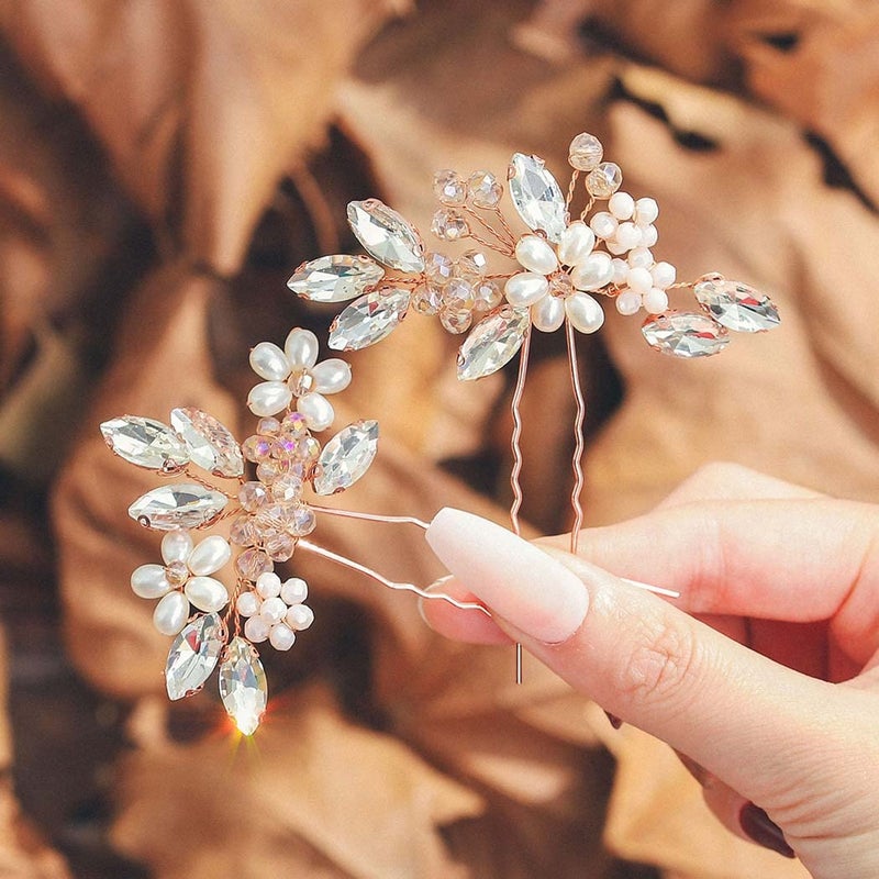 Unicra Bride Wedding Hair Pins Bridal Flower Hair Pieces Crystal Hair Accessories Pearl Party Hair Clips Rhinestone Hair Jewelry Bead Headpiece for Women and Girls ( Pack of 2) (Rose Gold) - Image 4
