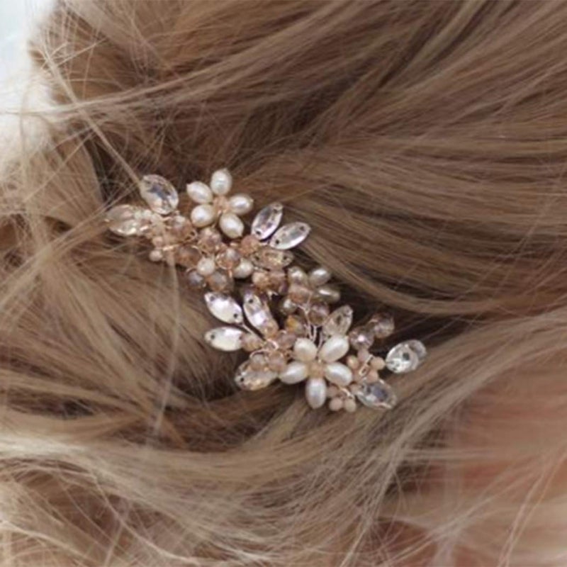 Unicra Bride Wedding Hair Pins Bridal Flower Hair Pieces Crystal Hair Accessories Pearl Party Hair Clips Rhinestone Hair Jewelry Bead Headpiece for Women and Girls ( Pack of 2) (Rose Gold) - Image 1