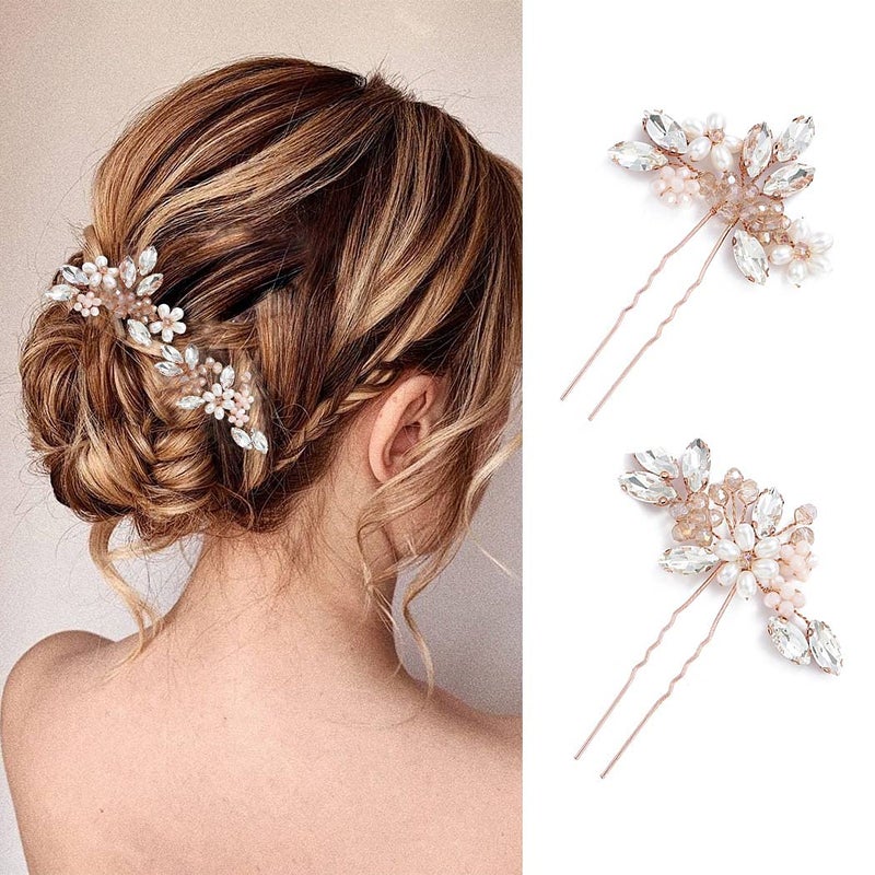 Unicra Bride Wedding Hair Pins Bridal Flower Hair Pieces Crystal Hair Accessories Pearl Party Hair Clips Rhinestone Hair Jewelry Bead Headpiece for Women and Girls ( Pack of 2) (Rose Gold) - Image 3