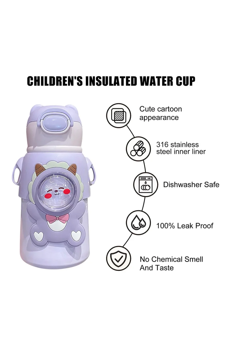 Mobcos MOBCOS Cute Teddys Water Bottle with Straw, Stainless Steel Drinking Bottle with Straps Reusable Metal Water Bottle Leak Proof Vacuum Insulated Water Bottles for Girls and Boys Keep Hot and Cold (Purple)