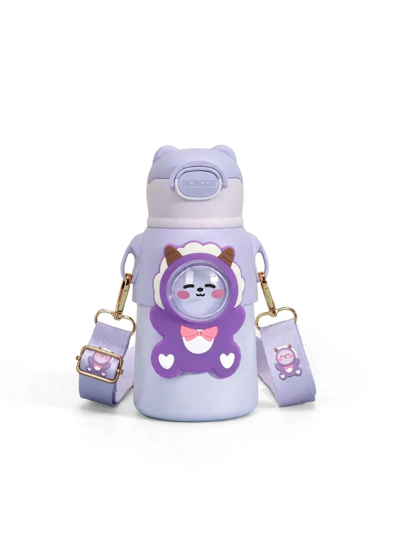 Mobcos MOBCOS Cute Teddys Water Bottle with Straw, Stainless Steel Drinking Bottle with Straps Reusable Metal Water Bottle Leak Proof Vacuum Insulated Water Bottles for Girls and Boys Keep Hot and Cold (Purple)