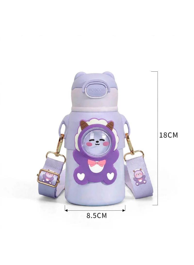 Mobcos MOBCOS Cute Teddys Water Bottle with Straw, Stainless Steel Drinking Bottle with Straps Reusable Metal Water Bottle Leak Proof Vacuum Insulated Water Bottles for Girls and Boys Keep Hot and Cold (Purple)