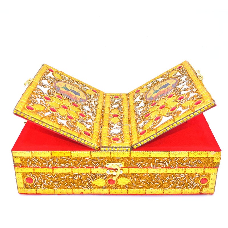 Shri Shri Handicraft صندوق القرآن اليدوي من شري شري، قاعدة خشبية قابلة للطي، حامل الكتب المقدسة، صندوق القرآن، حامل الكتب، عمل خرز ذهبي 13 4 بوصة - Image 3