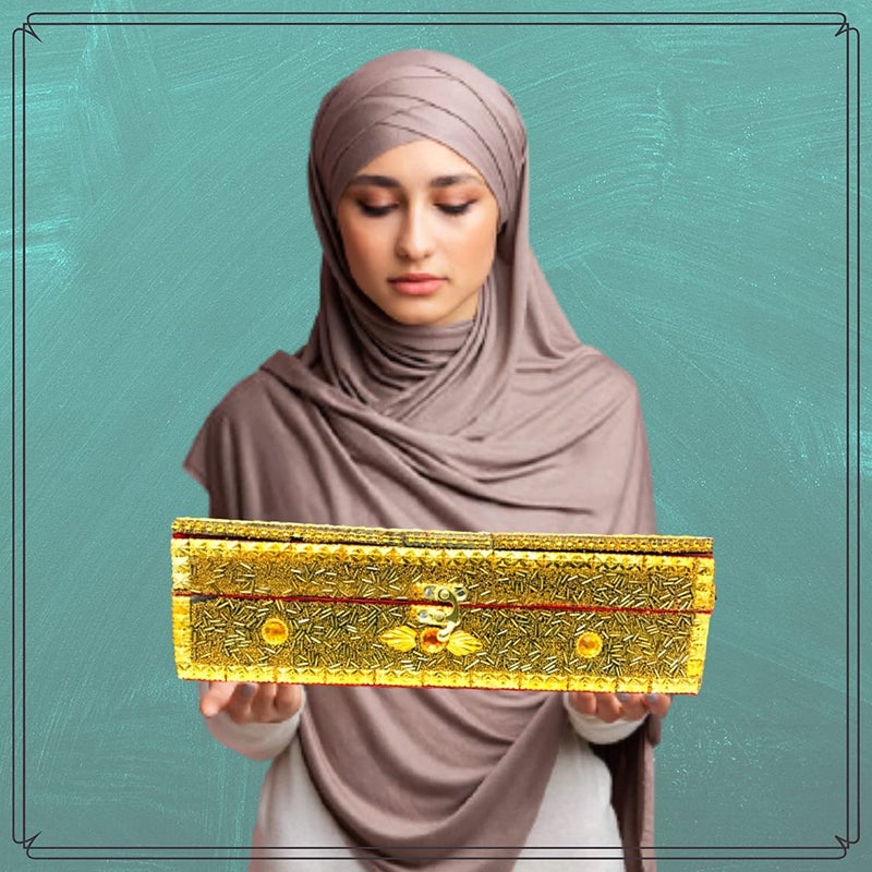 Shri Shri Handicraft صندوق القرآن اليدوي من شري شري، قاعدة خشبية قابلة للطي، حامل الكتب المقدسة، صندوق القرآن، حامل الكتب، عمل خرز ذهبي 13 4 بوصة - Image 2