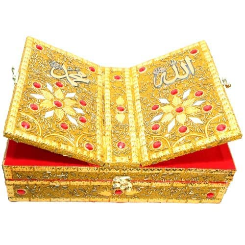 Shri Shri Handicraft صندوق القرآن اليدوي من شري شري، قاعدة خشبية قابلة للطي، حامل الكتب المقدسة، صندوق القرآن، حامل الكتب، عمل خرز ذهبي 13 4 بوصة - Image 4