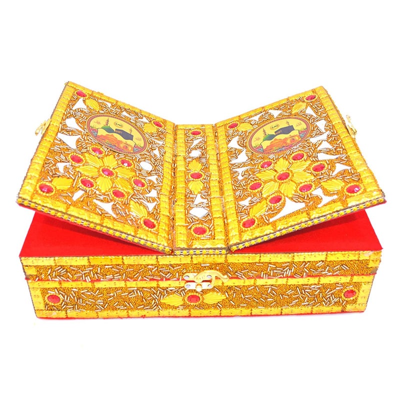 Shri Shri Handicraft صندوق القرآن اليدوي من شري شري، قاعدة خشبية قابلة للطي، حامل الكتب المقدسة، صندوق القرآن، حامل الكتب، عمل خرز ذهبي 13 4 بوصة - Image 1