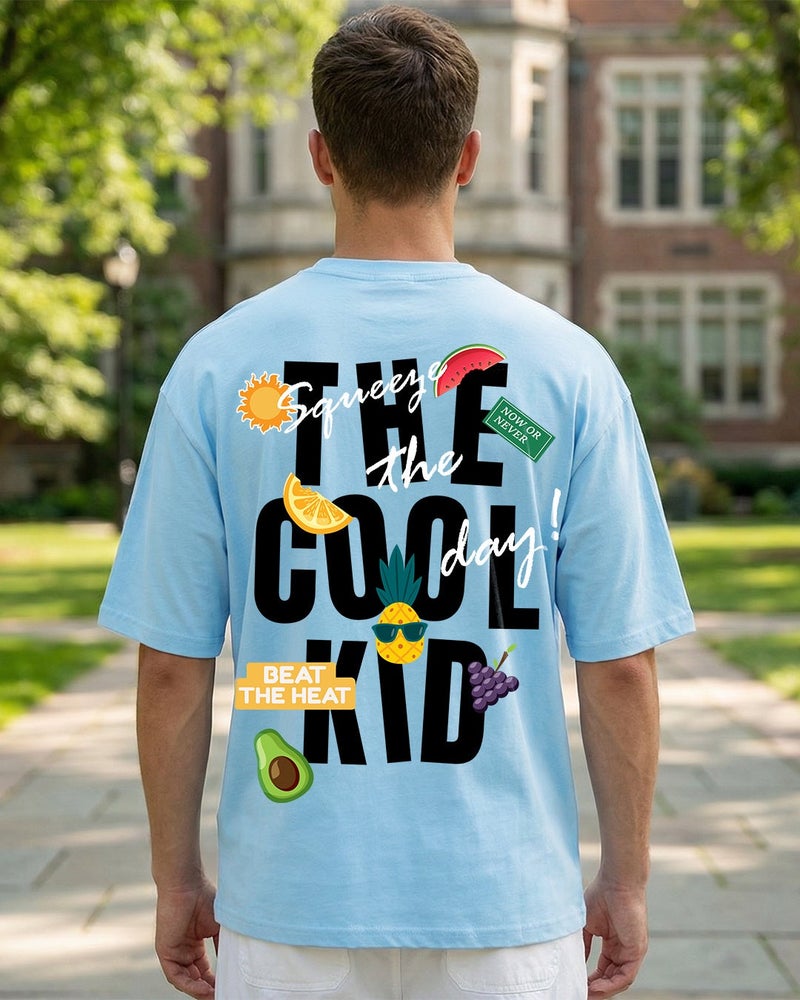 bewakoof Men's Chambray Blue Cool Kid Graphic Printed Oversized T-shirt - Image 2