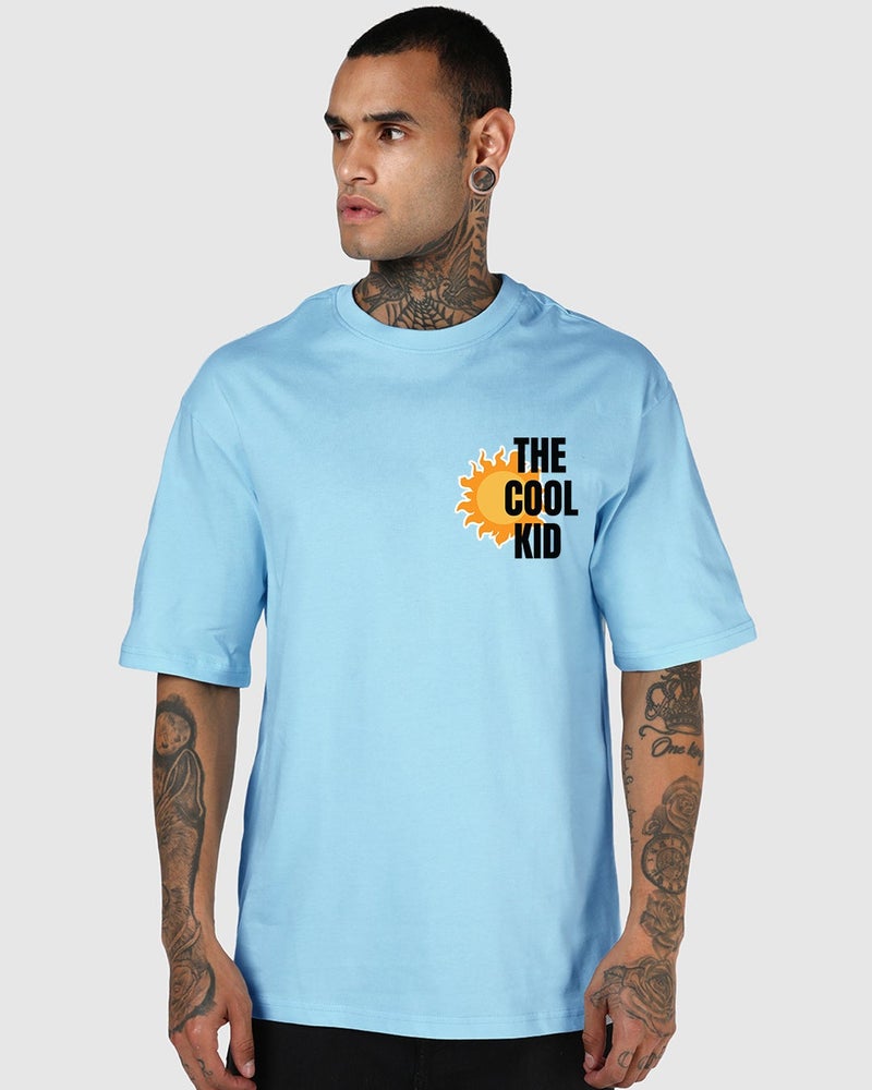 bewakoof Men's Chambray Blue Cool Kid Graphic Printed Oversized T-shirt - Image 1