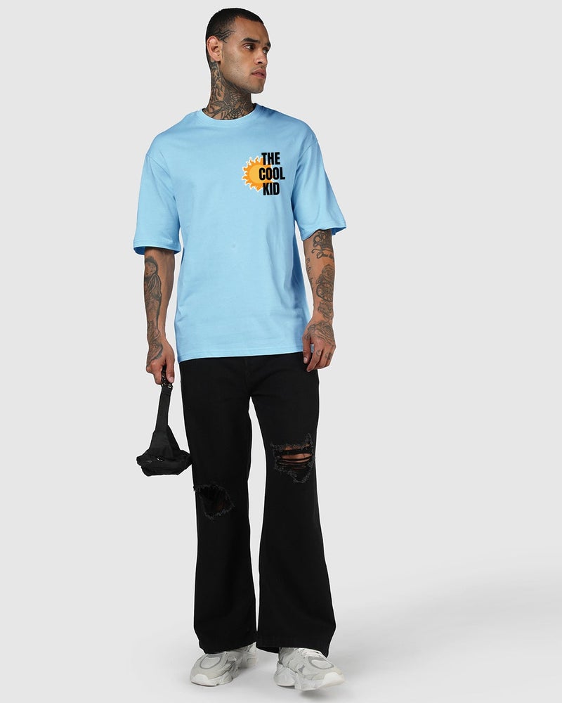 bewakoof Men's Chambray Blue Cool Kid Graphic Printed Oversized T-shirt - Image 5