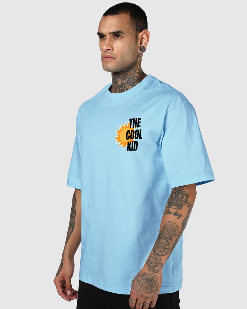 bewakoof Men's Chambray Blue Cool Kid Graphic Printed Oversized T-shirt - Image 4