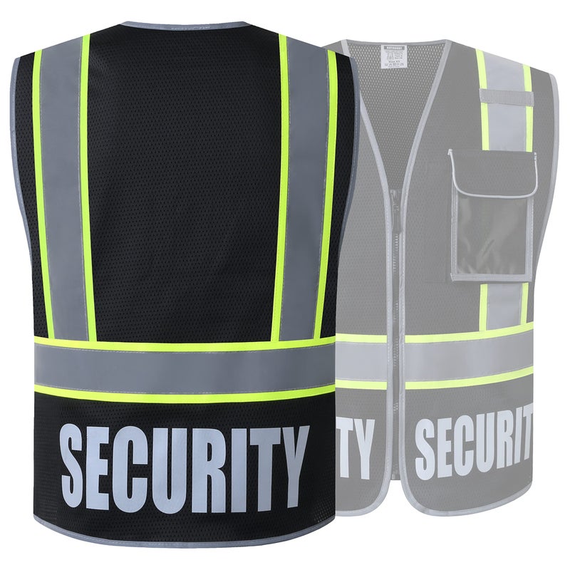 HATAUNKI 2 Pack Retro-Reflection Security Safety Vests Heavy Duty Black Mesh with 5 Pockets and Front Zipper Meet ANSI/ISEA 107-2015 (Black-22,X-Large) - Image 3
