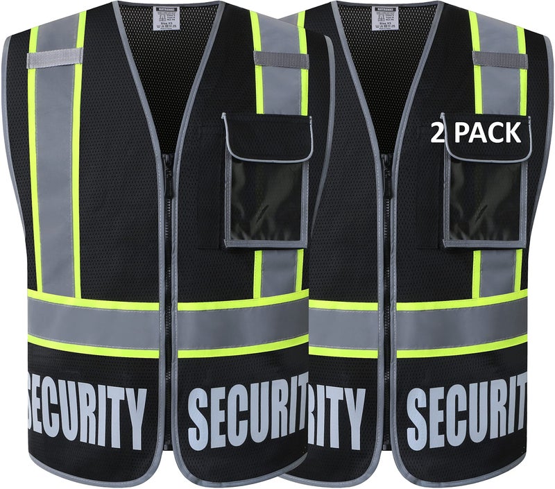 HATAUNKI 2 Pack Retro-Reflection Security Safety Vests Heavy Duty Black Mesh with 5 Pockets and Front Zipper Meet ANSI/ISEA 107-2015 (Black-22,X-Large) - Image 1