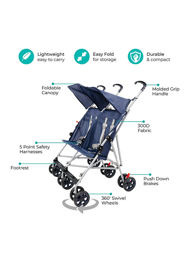 Moon Jet Plus  Twin Buggy Lightweight Travel strollers -Umbrella Fold- up to 30Kg, 6m+ - Dark Blue - Image 2