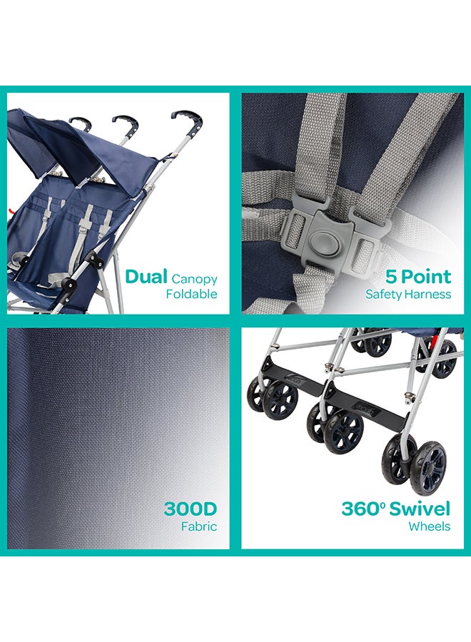 Moon Jet Plus  Twin Buggy Lightweight Travel strollers -Umbrella Fold- up to 30Kg, 6m+ - Dark Blue - Image 4