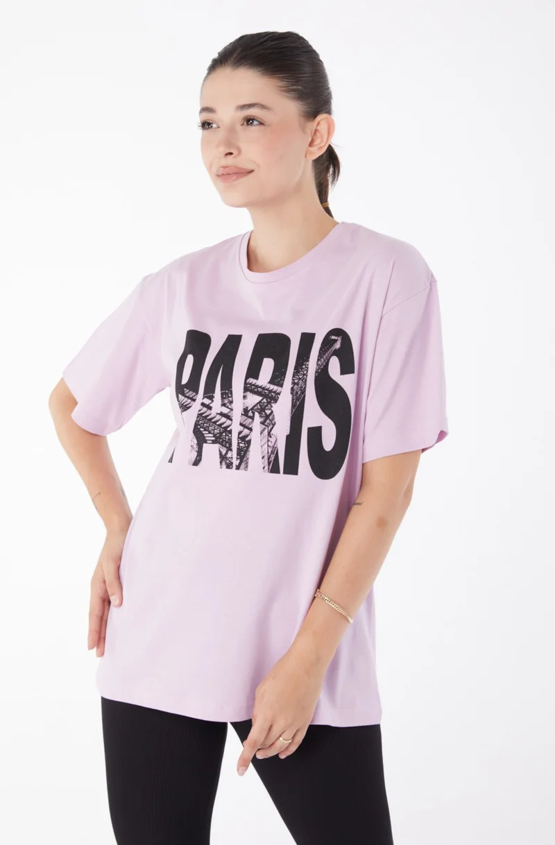 Tofisa Plain Crew Neck Women's Lilac Short Sleeve Printed T-Shirt - 25985