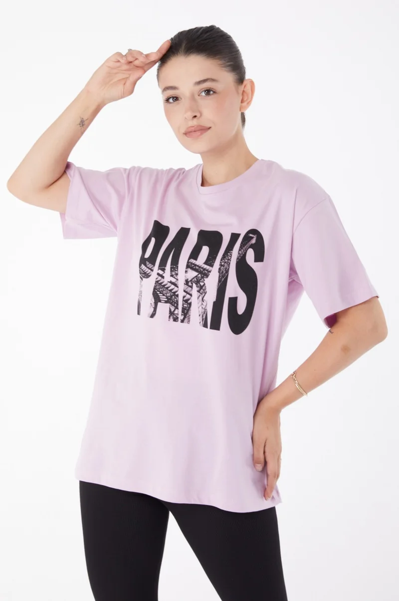 Tofisa Plain Crew Neck Women's Lilac Short Sleeve Printed T-Shirt - 25985