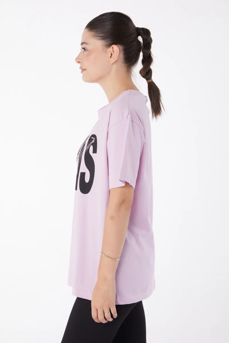 Tofisa Plain Crew Neck Women's Lilac Short Sleeve Printed T-Shirt - 25985