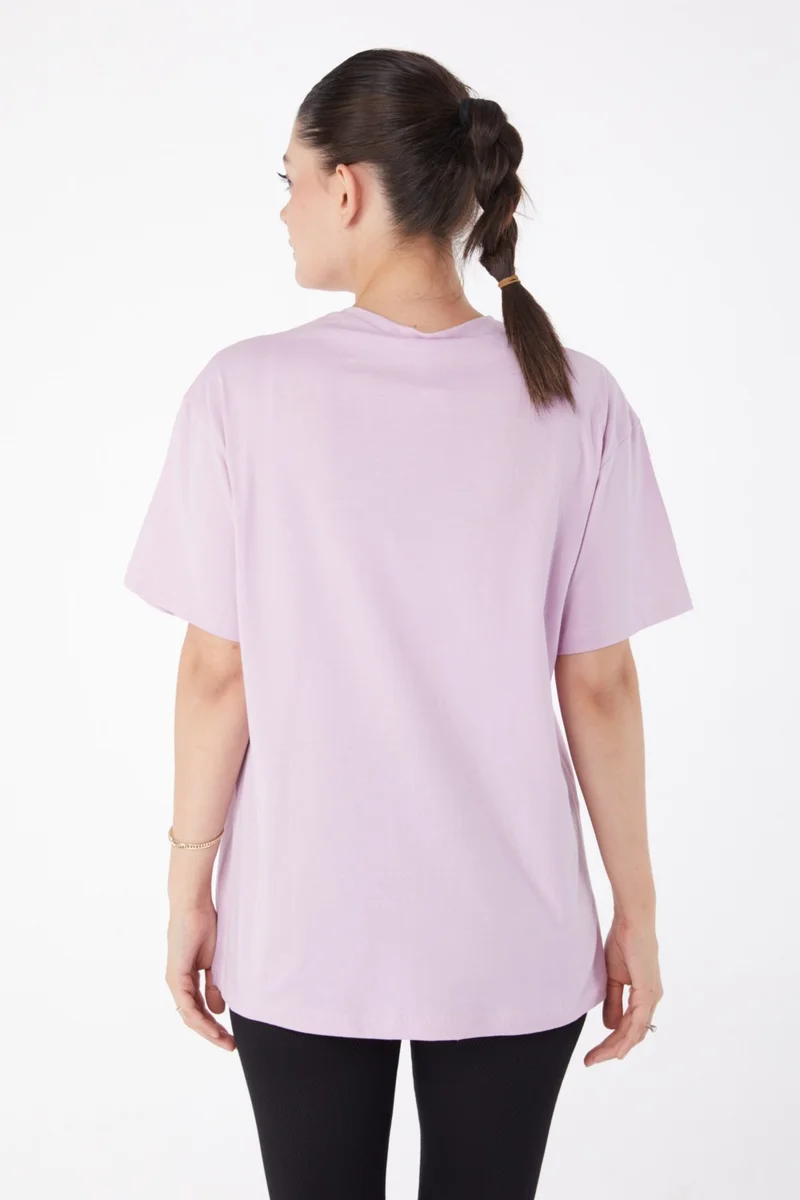 Tofisa Plain Crew Neck Women's Lilac Short Sleeve Printed T-Shirt - 25985