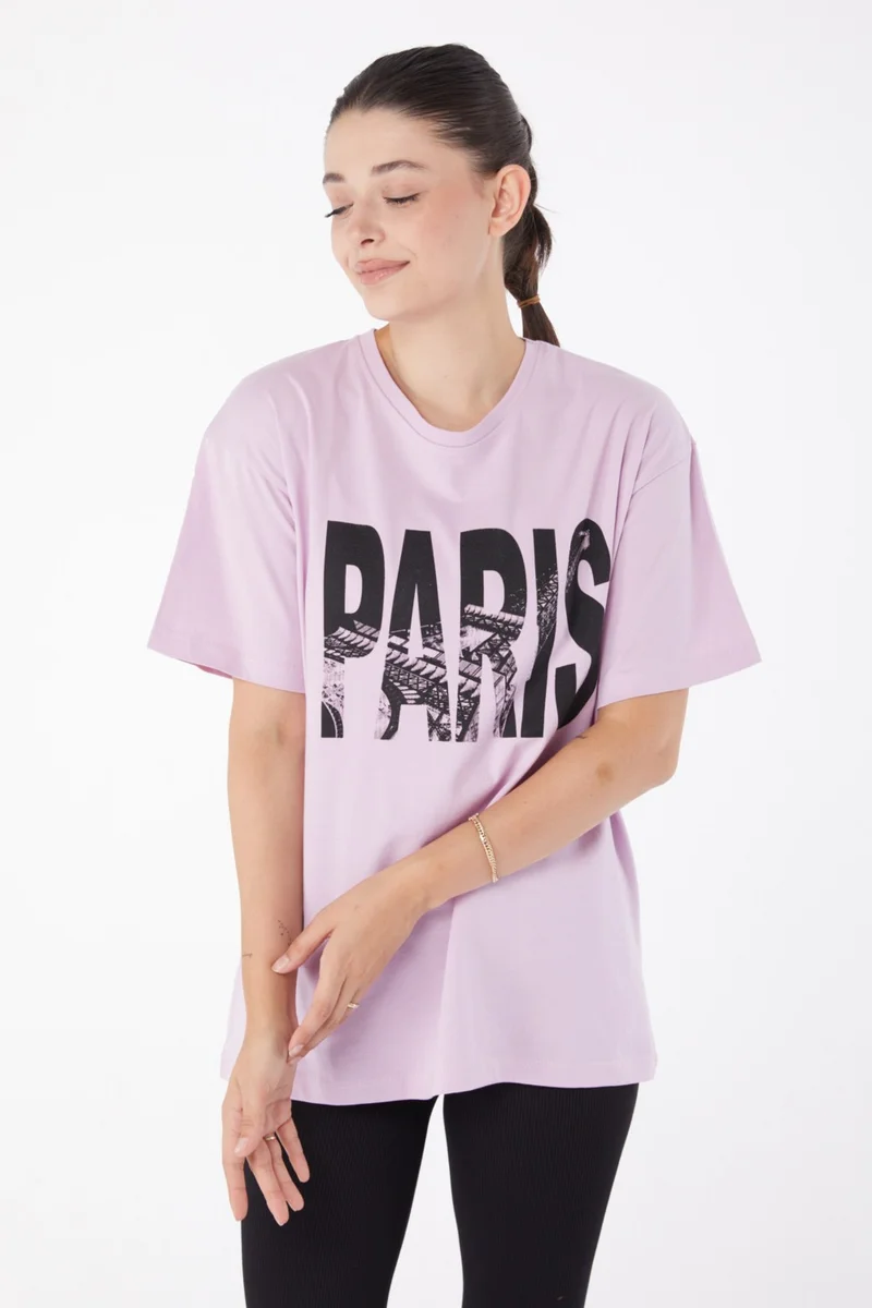 Tofisa Plain Crew Neck Women's Lilac Short Sleeve Printed T-Shirt - 25985