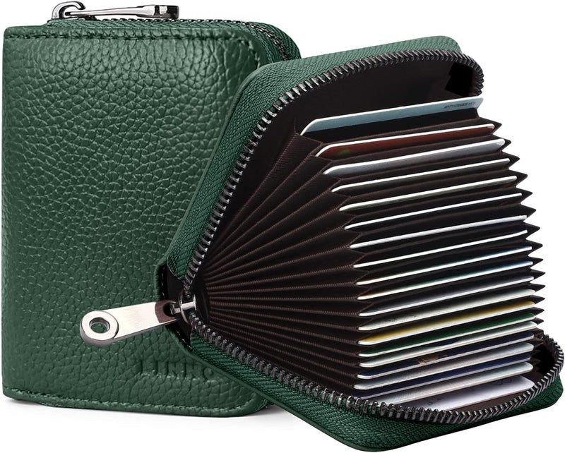 Linno RFID 20 Slots Credit Card Holder Genuine Leather Small Wallet for Women or Men with Zipper - Image 1