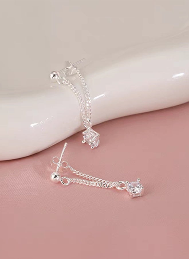 DAEVO 925 Sterling Silver Dainty Chain Drop Earrings Women Square Crystal Minimalist Daily Evening Gift Jewelry - Image 3