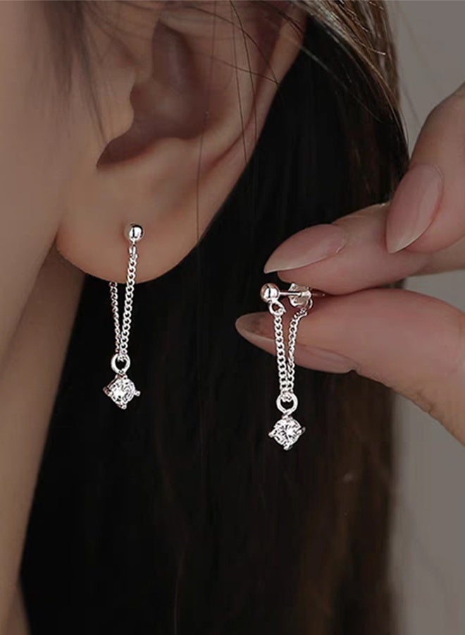 DAEVO Silver Dainty Chain Drop Earrings Women Square Crystal Minimalist Daily Evening Gift Jewelry - Image 5
