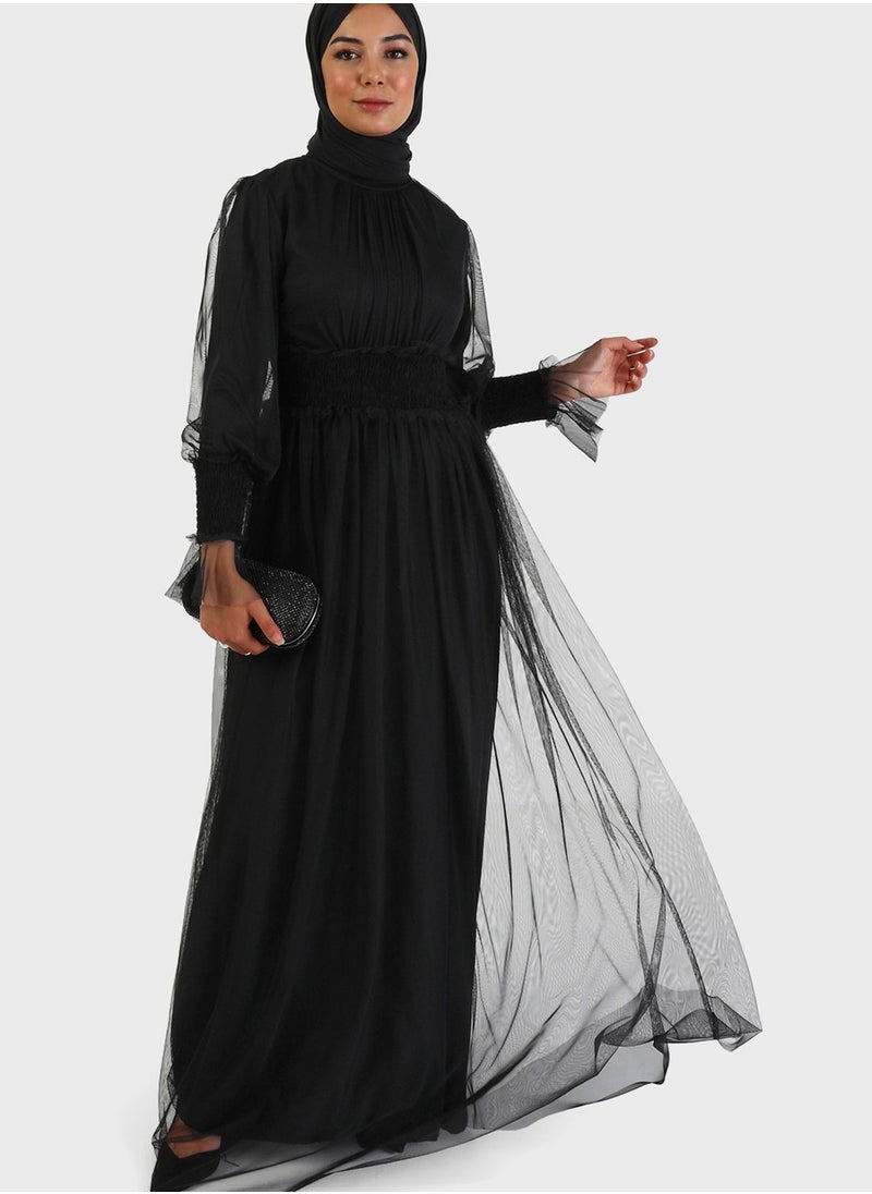 Tavin by Modanisa - Ruched Waist Mesh Tiered Dress - Image 1
