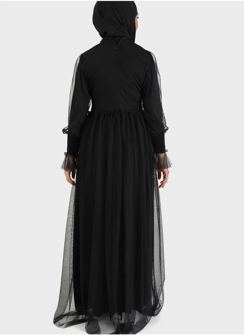 Tavin by Modanisa Ruched Waist Mesh Tiered Dress