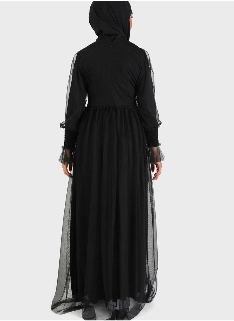 Tavin by Modanisa - Ruched Waist Mesh Tiered Dress - Image 1