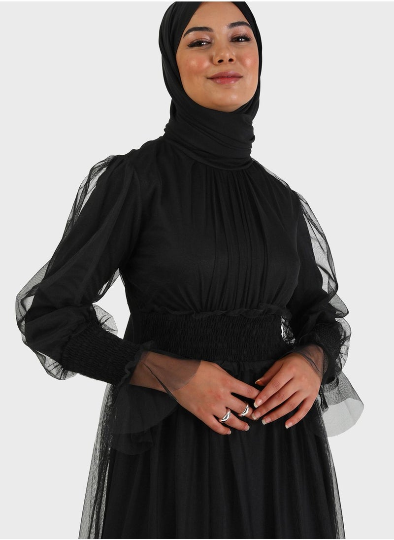 Tavin by Modanisa - Ruched Waist Mesh Tiered Dress - Image 1
