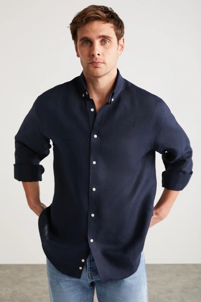 GRIMELANGE Brice Men's 100% Linen Fabric Flowy Navy Blue Shirt