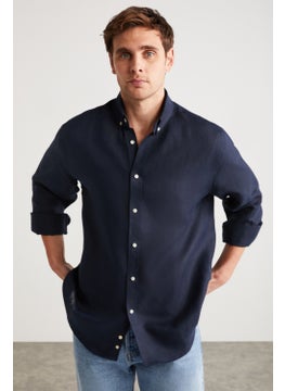 GRIMELANGE Brice Men's 100% Linen Fabric Flowy Navy Blue Shirt  - Image 1