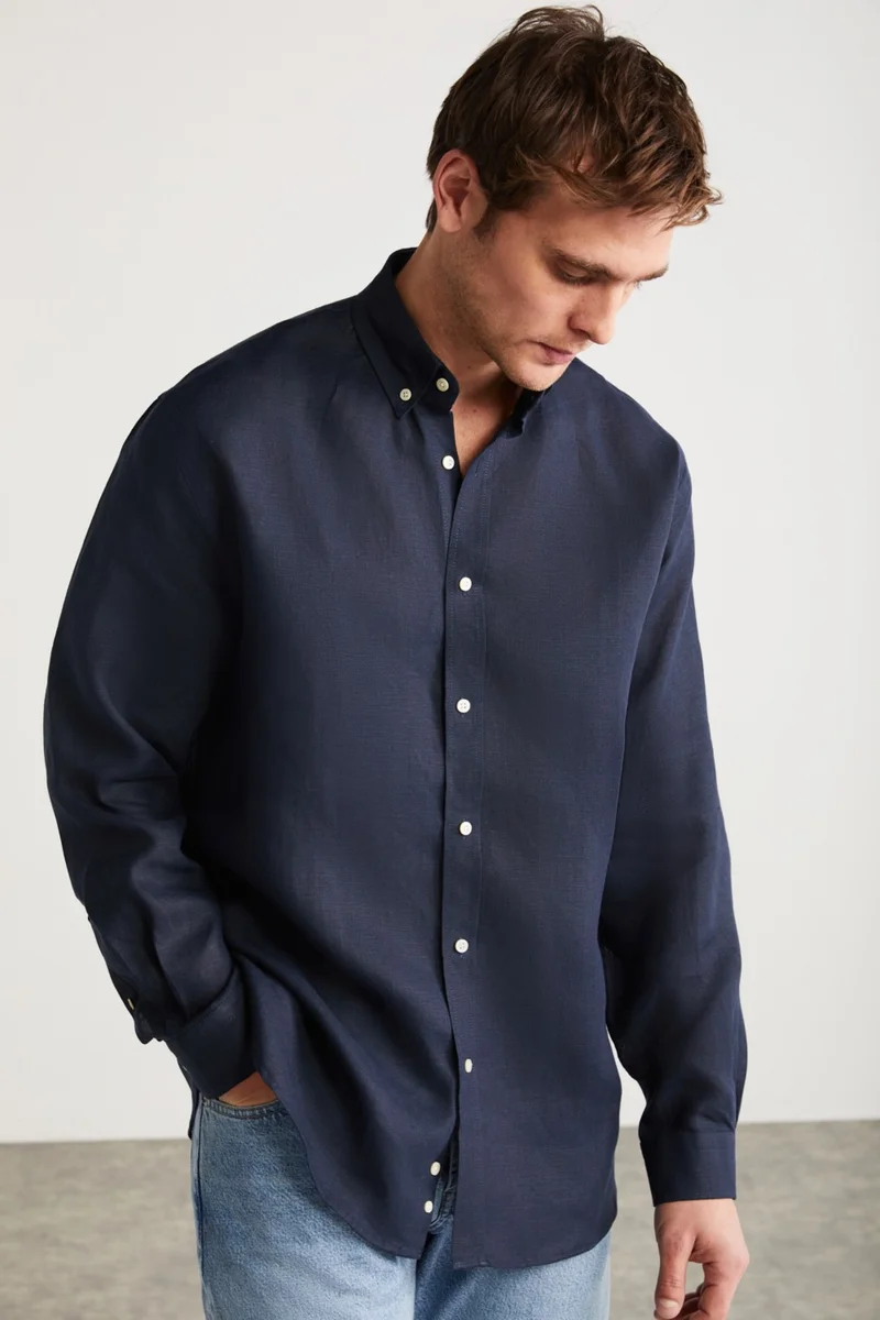 GRIMELANGE Brice Men's 100% Linen Fabric Flowy Navy Blue Shirt