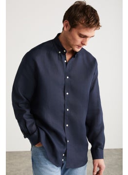 GRIMELANGE Brice Men's 100% Linen Fabric Flowy Navy Blue Shirt  - Image 4