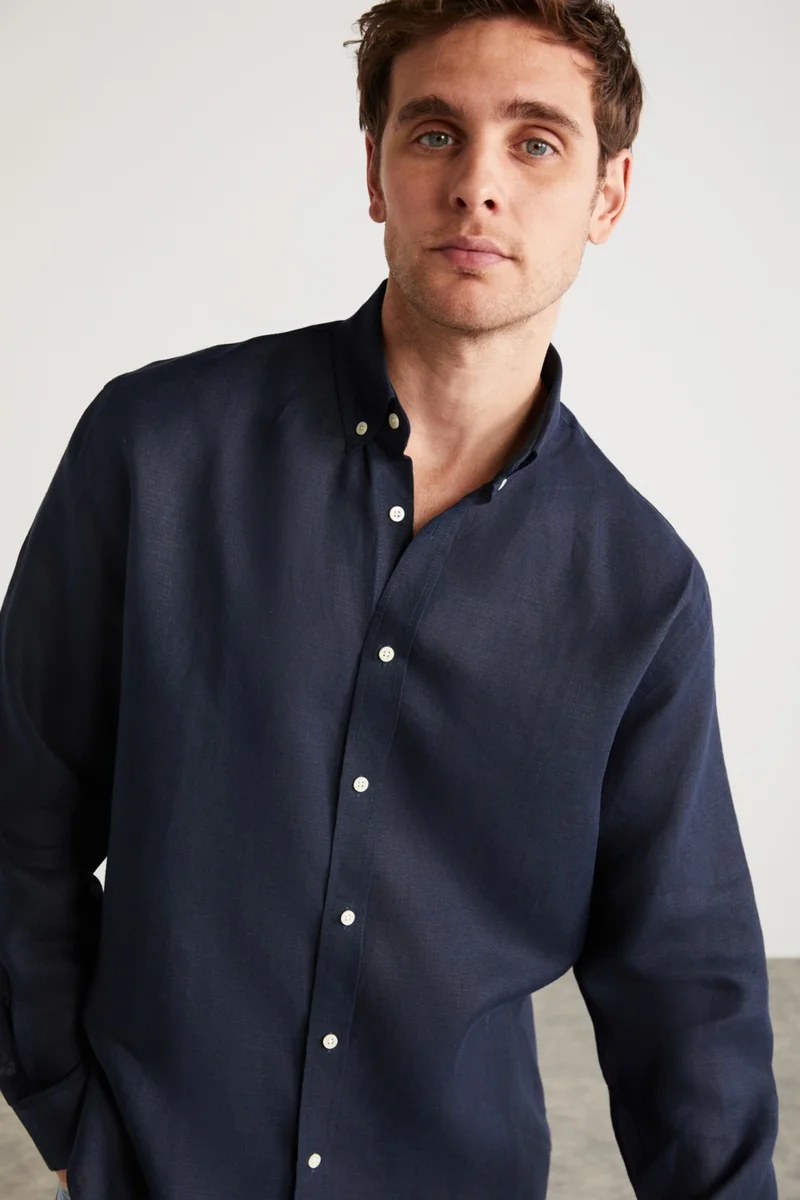 GRIMELANGE Brice Men's 100% Linen Fabric Flowy Navy Blue Shirt