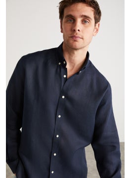 GRIMELANGE Brice Men's 100% Linen Fabric Flowy Navy Blue Shirt  - Image 2