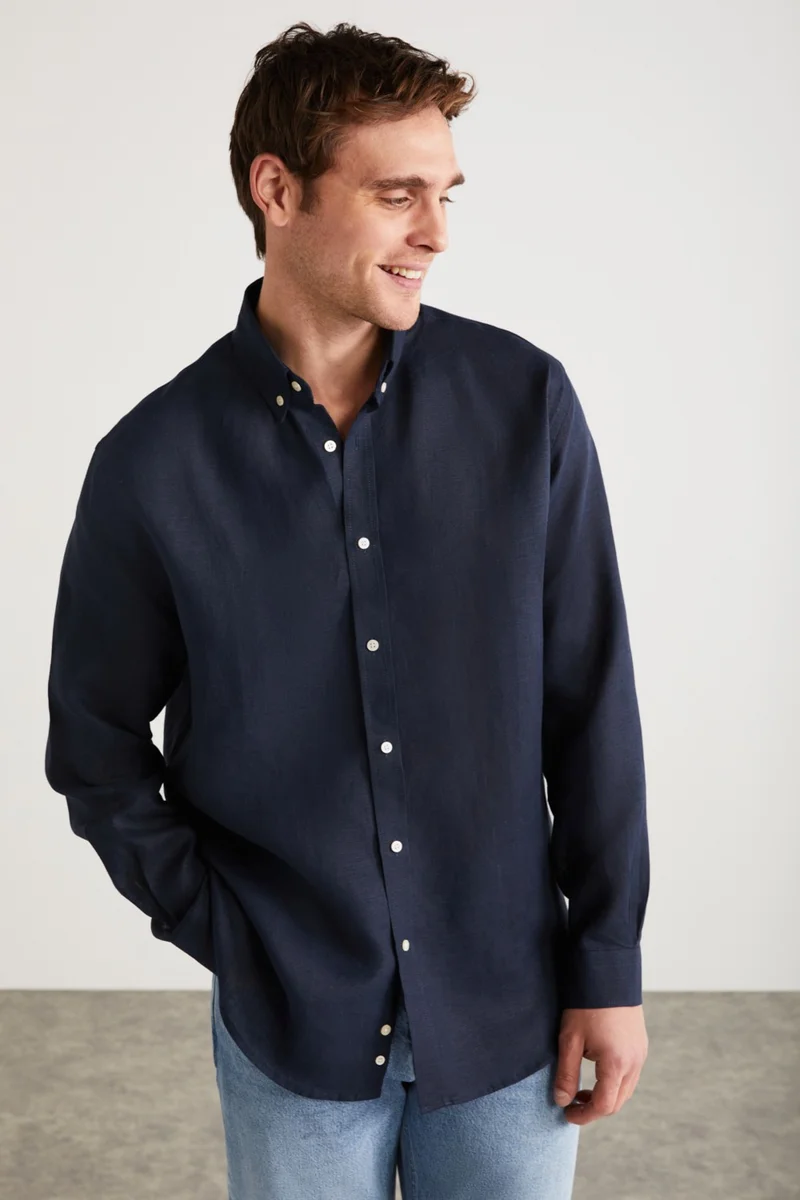 GRIMELANGE Brice Men's 100% Linen Fabric Flowy Navy Blue Shirt